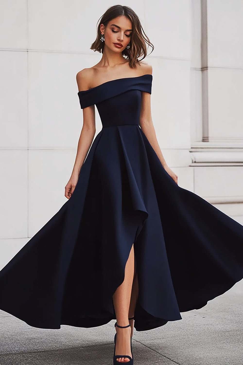 Black Off the Shoulder A Line Long Formal Dress with Slit