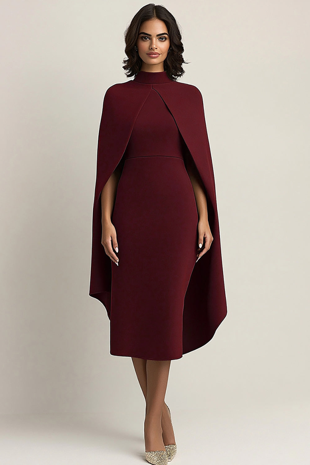 Burgundy Sheath Ankle-Length Formal Dress with Cape