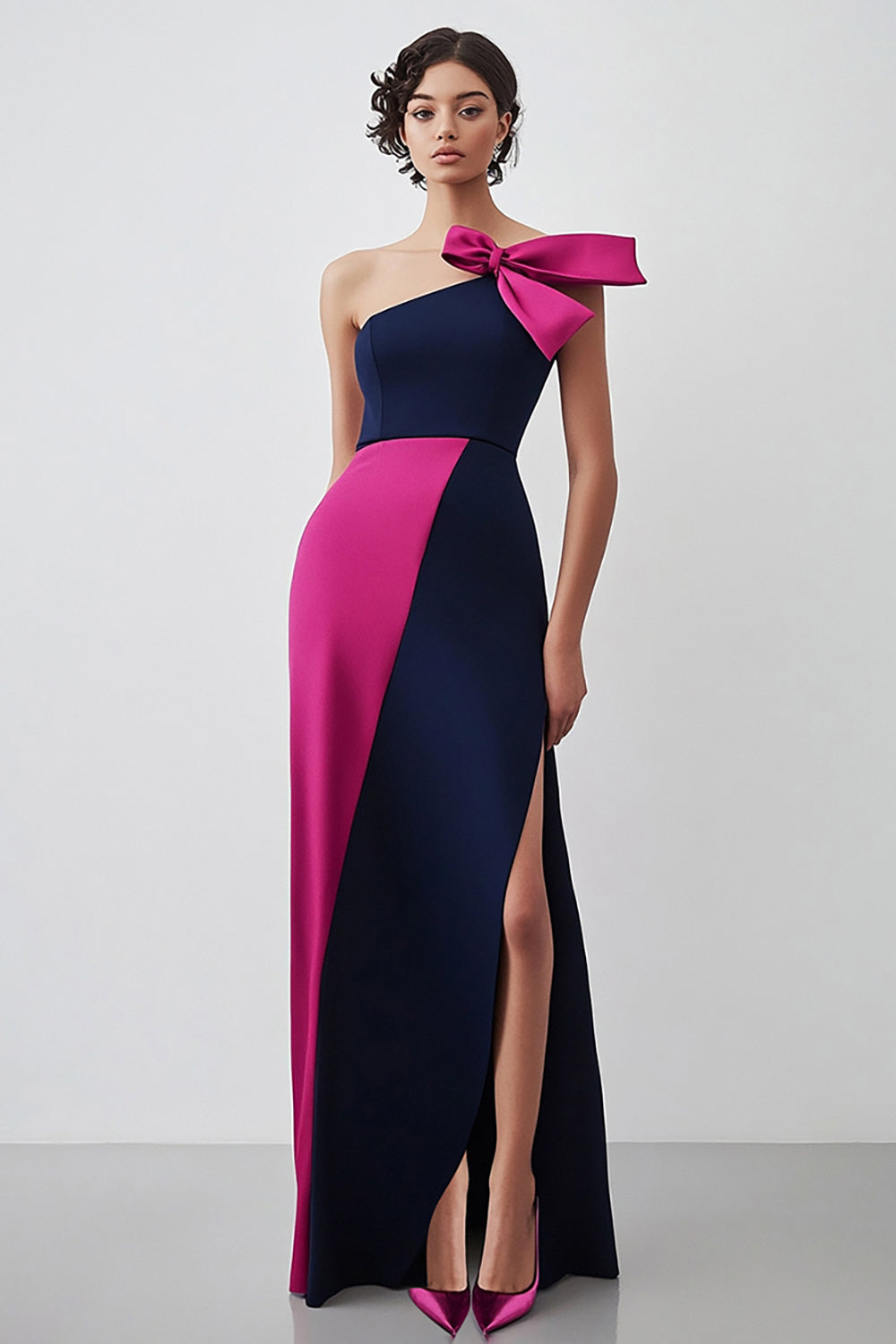 Navy Fuchsia One Shoulder Bowknot Sheath Long Formal Dress with Slit