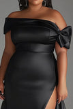 Black Off the Shoulder Long Satin Plus Size Formal Dress with Slit