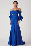 Stylish Satin Royal Blue Off the Shoulder Sheath Long Formal Dress