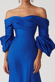 Stylish Satin Royal Blue Off the Shoulder Sheath Long Formal Dress