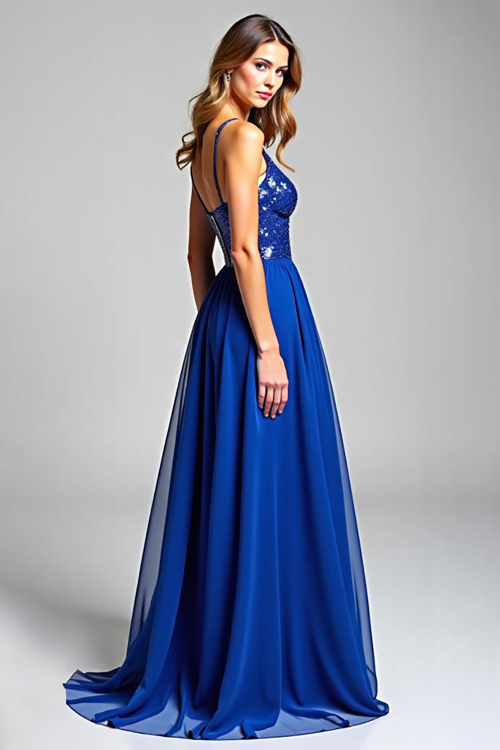 Sparkly Royal Blue Chiffon V-Neck A Line Long Prom Dress