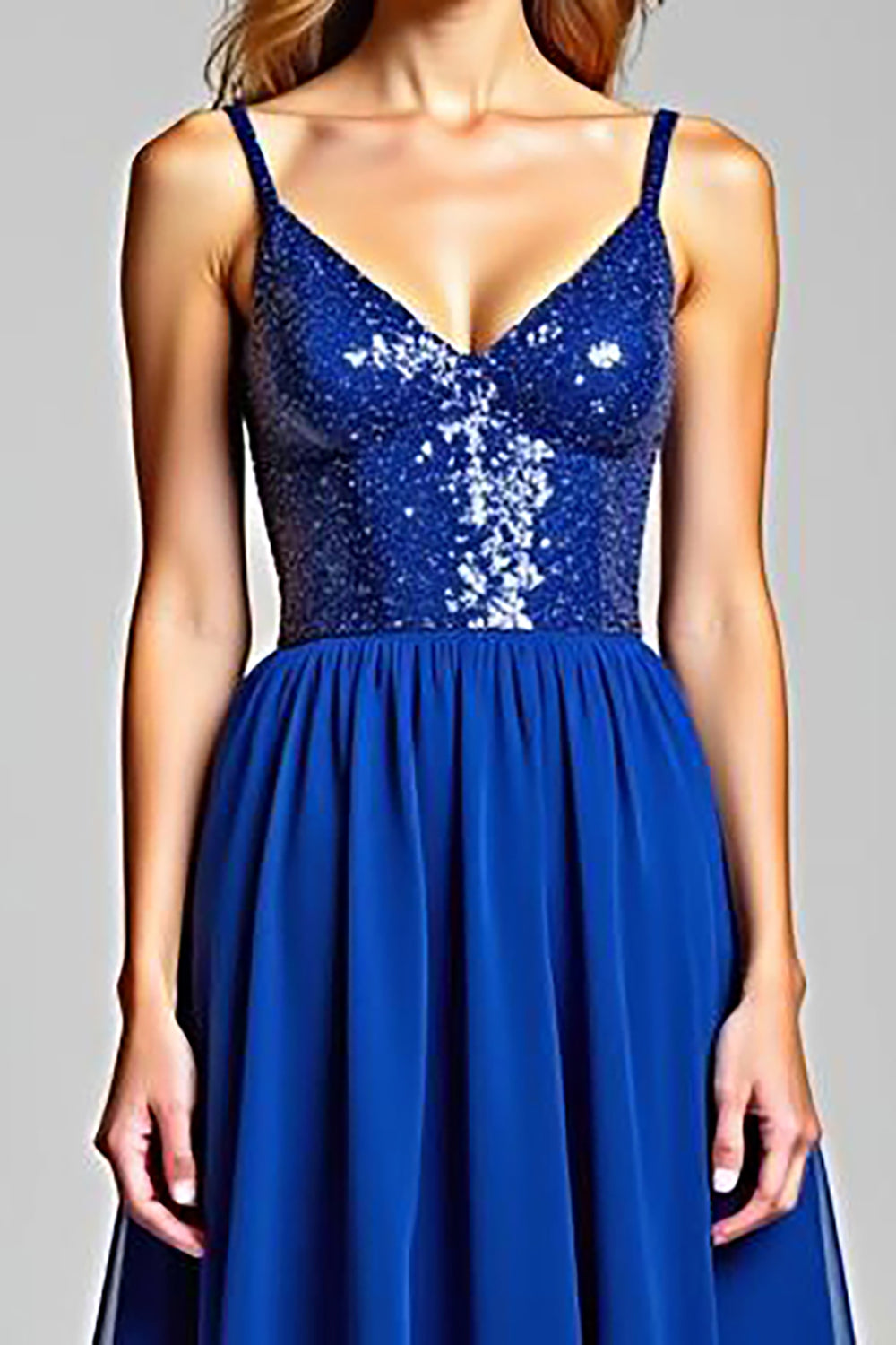Sparkly Royal Blue Chiffon V-Neck A Line Long Prom Dress