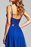 Sparkly Royal Blue Chiffon V-Neck A Line Long Prom Dress