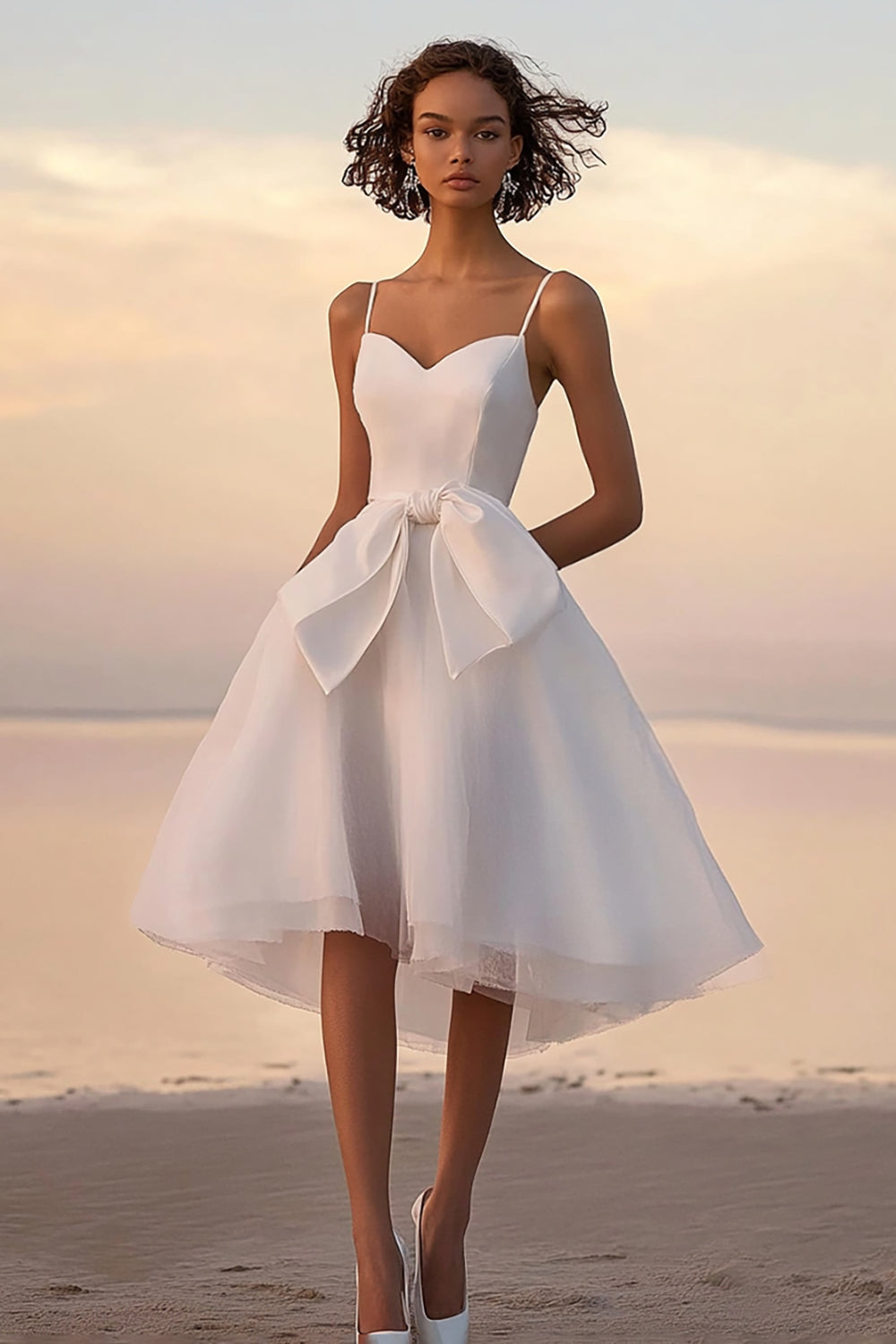 White A Line Tulle Spaghetti Straps Midi Graduation Dress with Bow