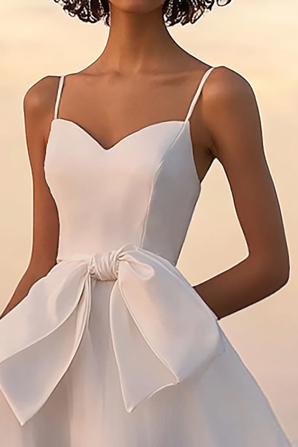 White A Line Tulle Spaghetti Straps Midi Graduation Dress with Bow