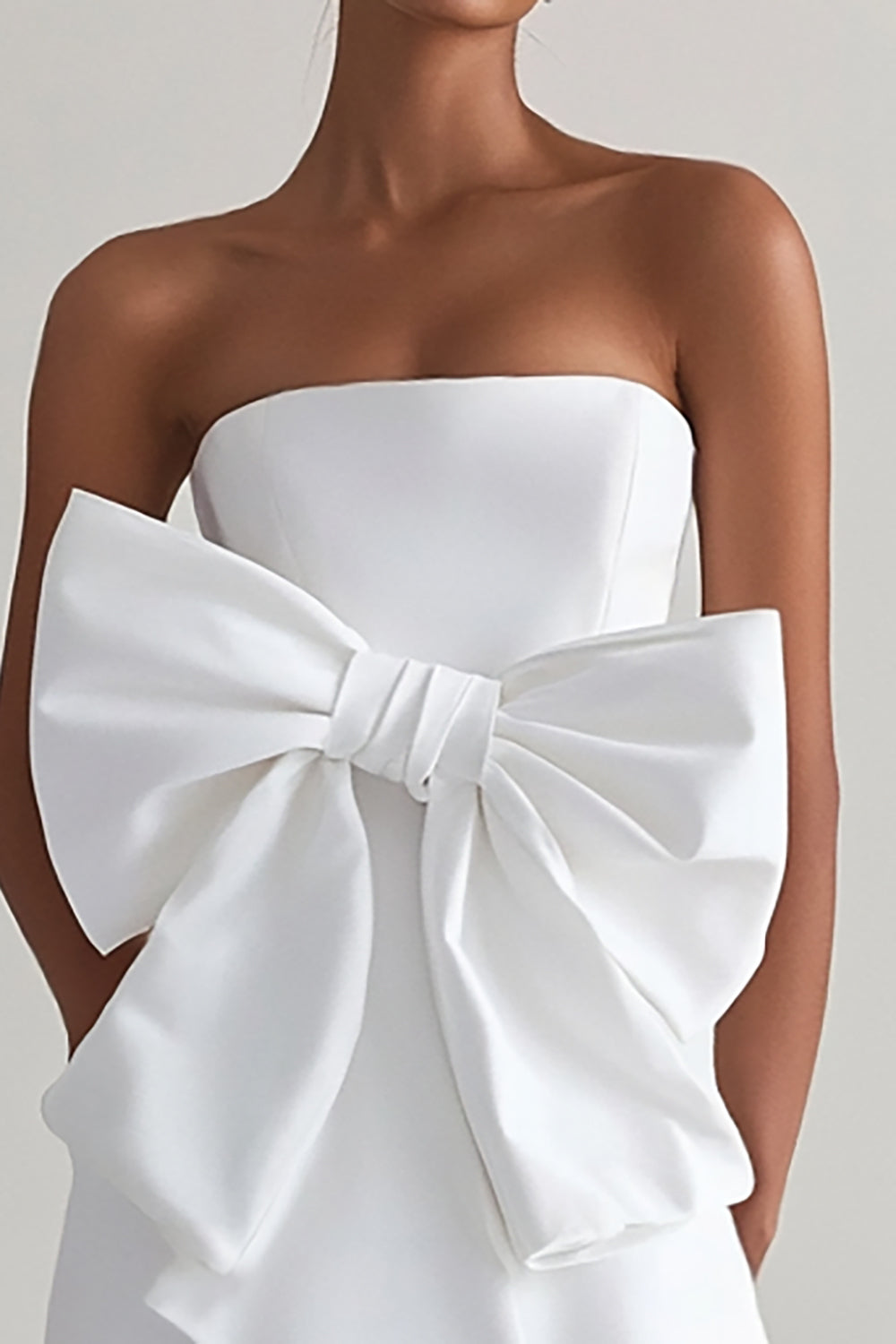A Line Satin White Strapless High Low Graduation Dress with Bow