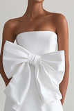 A Line Satin White Strapless High Low Graduation Dress with Bow