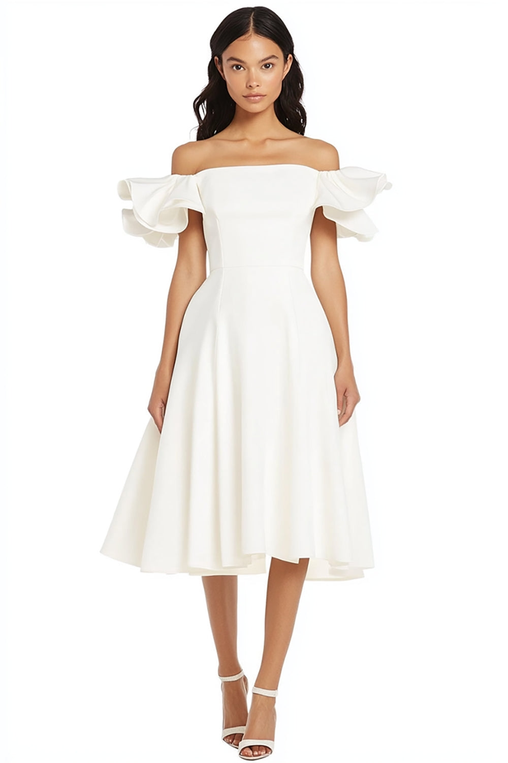 A Line Satin White Off the Shoulder Midi Graduation Dress with Ruffles