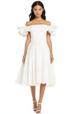 A Line Satin White Off the Shoulder Midi Graduation Dress with Ruffles