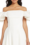 A Line Satin White Off the Shoulder Midi Graduation Dress with Ruffles