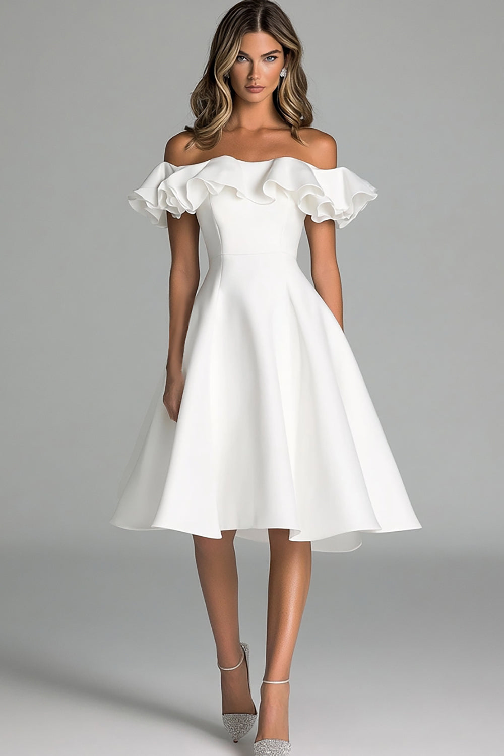 White A Line Satin Off the Shoulder Midi Graduation Dress with Ruffles