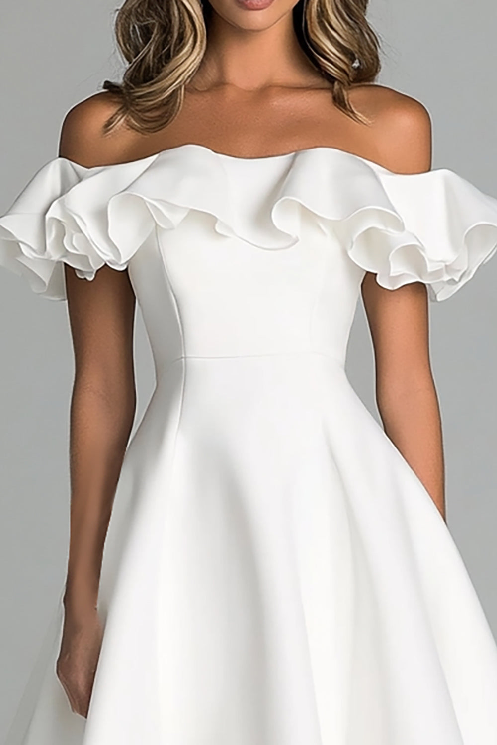 White A Line Satin Off the Shoulder Midi Graduation Dress with Ruffles