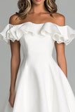 White A Line Satin Off the Shoulder Midi Graduation Dress with Ruffles