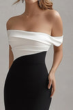 Stylish Black White Long Off the Shoulder Sheath Black Tie Dress with Slit
