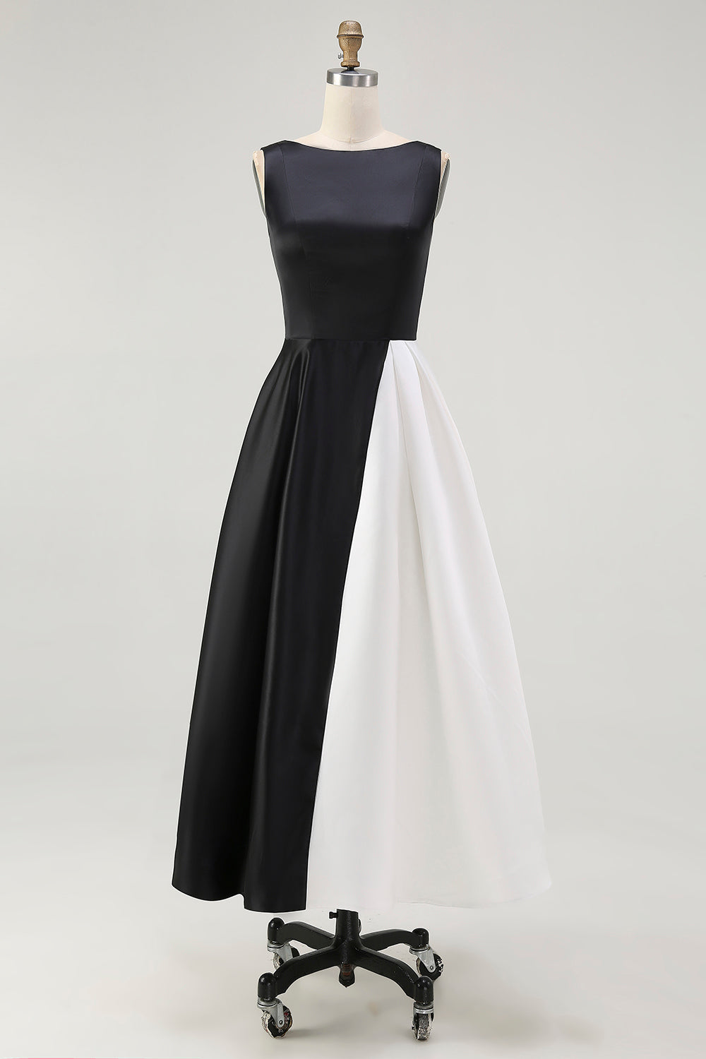 Black White Sleeveless Boat Neck A Line Long Black Tie Dress