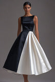 Black White Sleeveless Boat Neck A Line Long Black Tie Dress