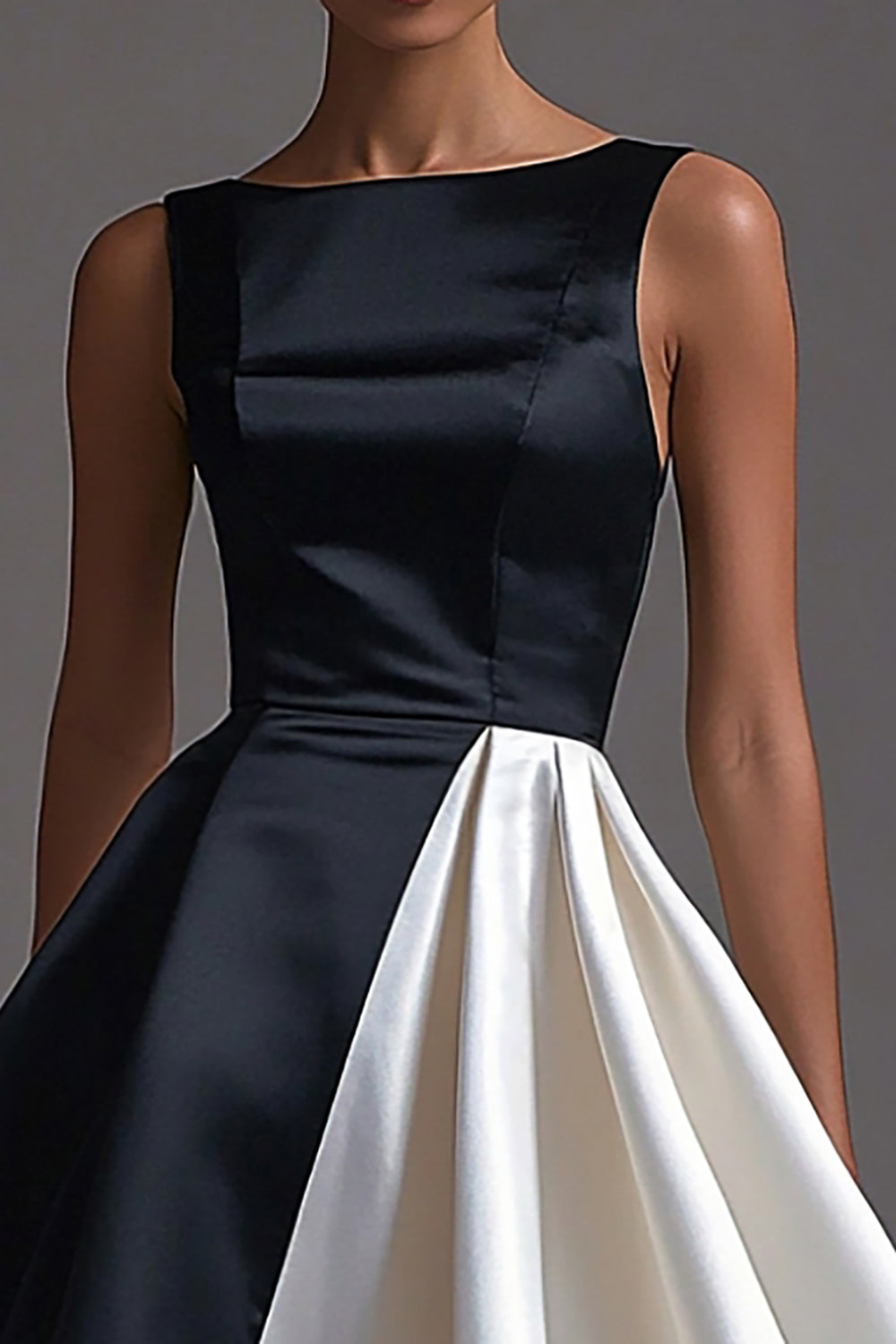 Black White Sleeveless Boat Neck A Line Long Black Tie Dress