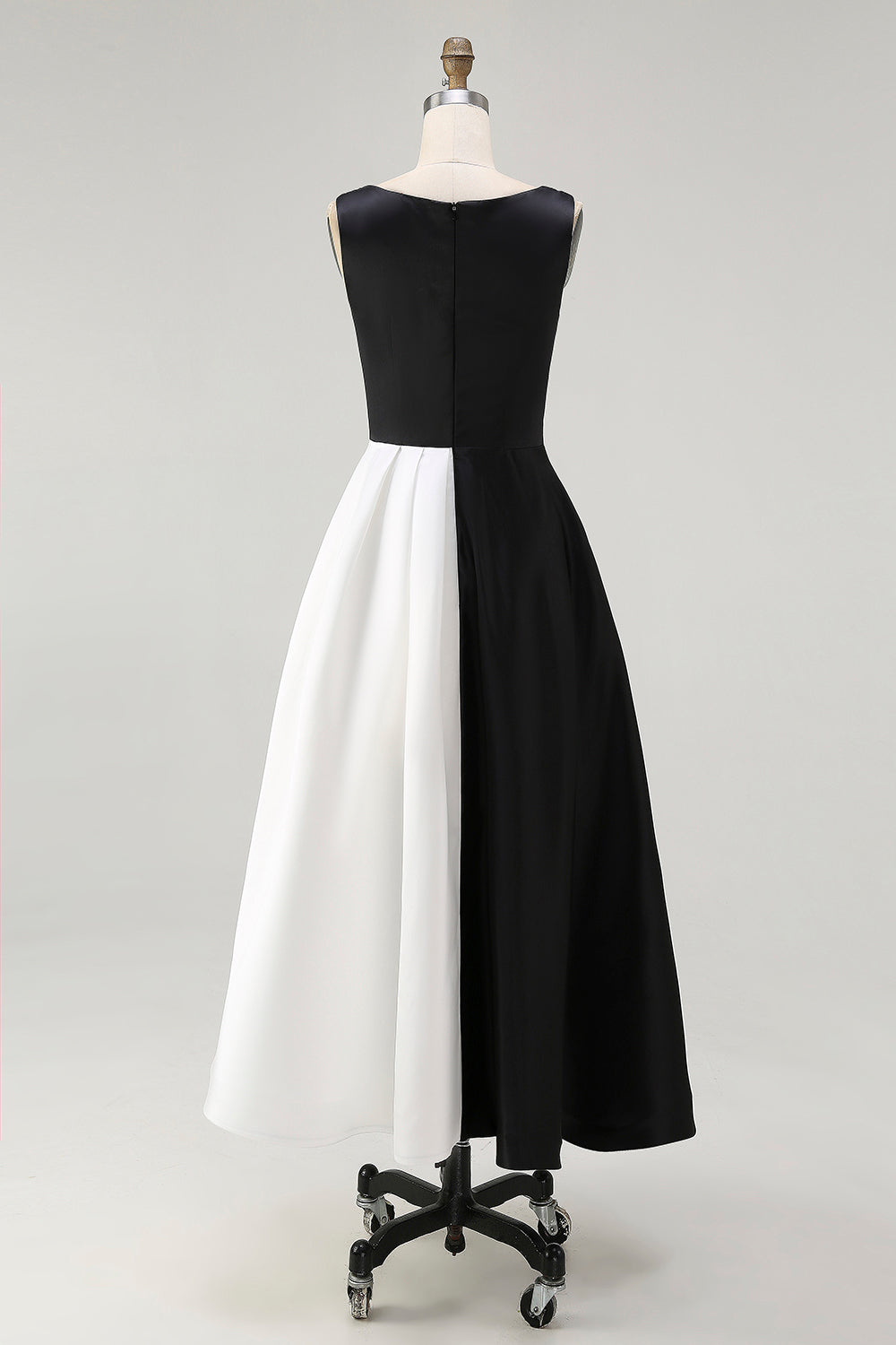 Black White Sleeveless Boat Neck A Line Long Black Tie Dress