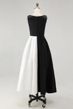 Black White Sleeveless Boat Neck A Line Long Black Tie Dress