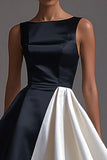 Black White Sleeveless Boat Neck A Line Long Black Tie Dress