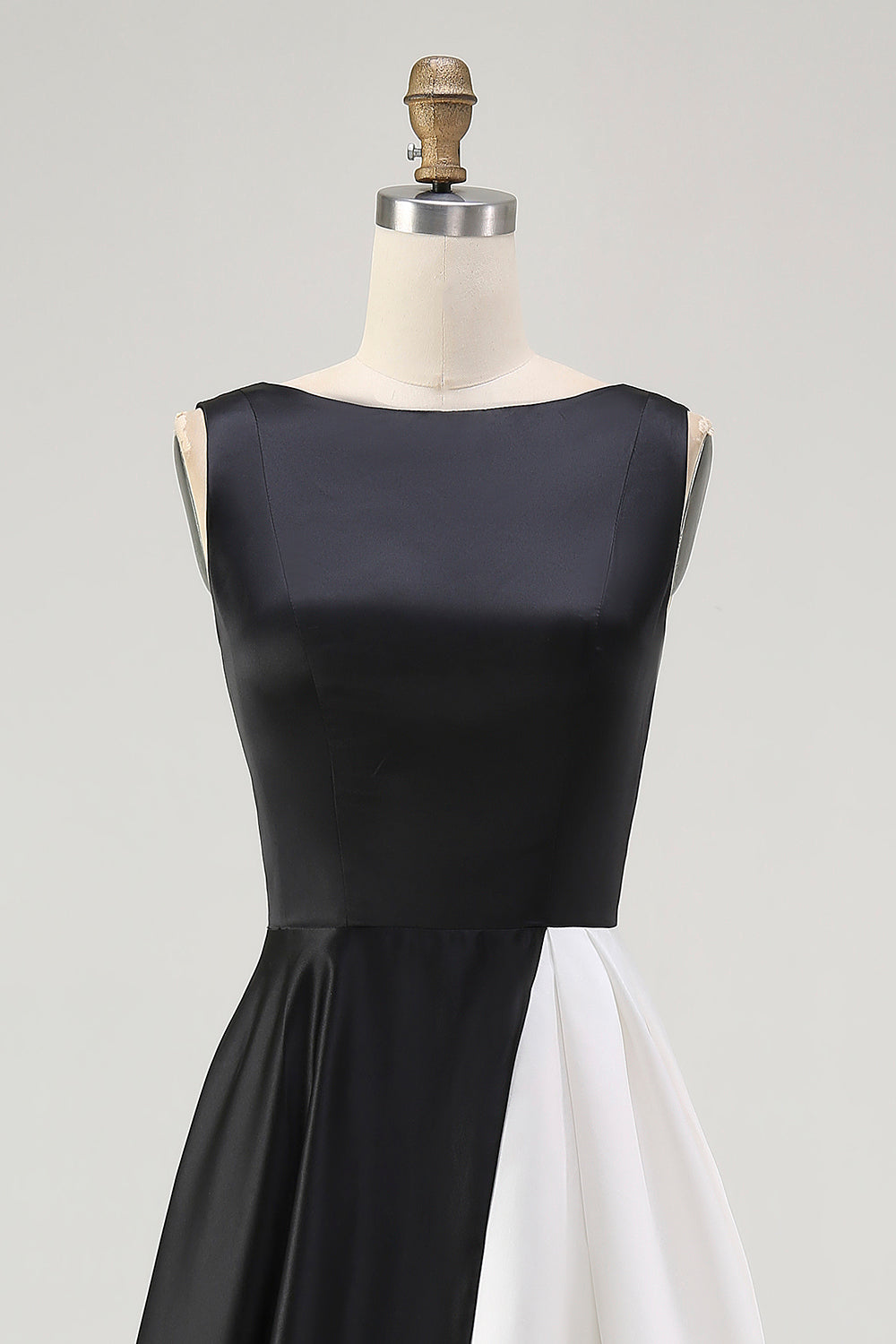 Black White Sleeveless Boat Neck A Line Long Black Tie Dress