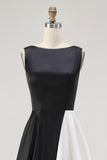Black White Sleeveless Boat Neck A Line Long Black Tie Dress