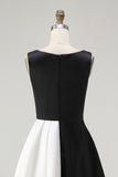 Black White Sleeveless Boat Neck A Line Long Black Tie Dress