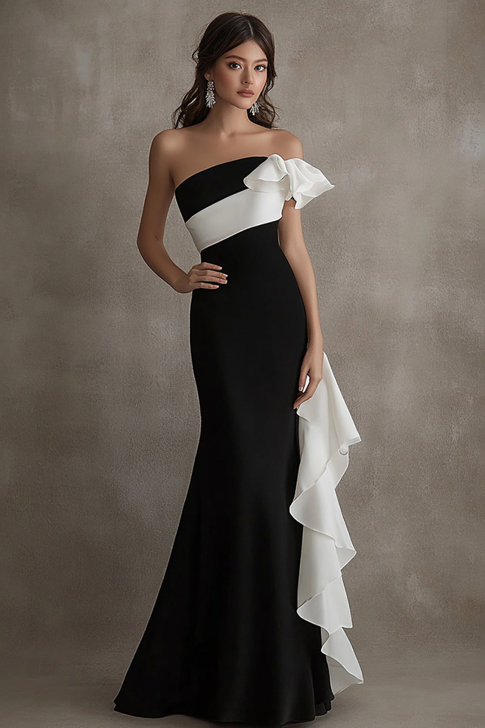 Sheath Black White Strapless Long Black Tie Dress with Ruffles