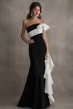 Sheath Black White Strapless Long Black Tie Dress with Ruffles