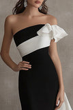 Sheath Black White Strapless Long Black Tie Dress with Ruffles