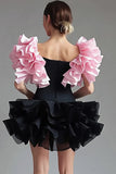 Square Neck Black Pink Ruffled Short Black Tie Dress