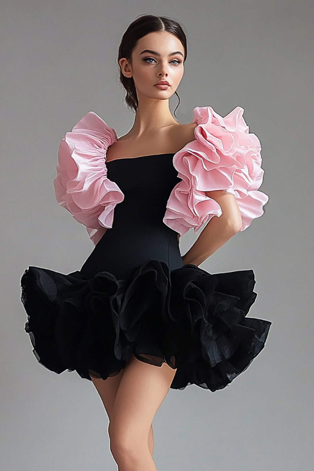 Square Neck Black Pink Ruffled Short Black Tie Dress