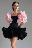 Square Neck Black Pink Ruffled Short Black Tie Dress