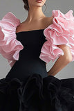 Square Neck Black Pink Ruffled Short Black Tie Dress