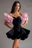 Sweetheart A Line Pink Mini Black Tie Dress with Ruffles