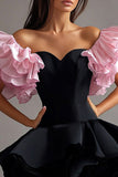 Sweetheart A Line Pink Mini Black Tie Dress with Ruffles
