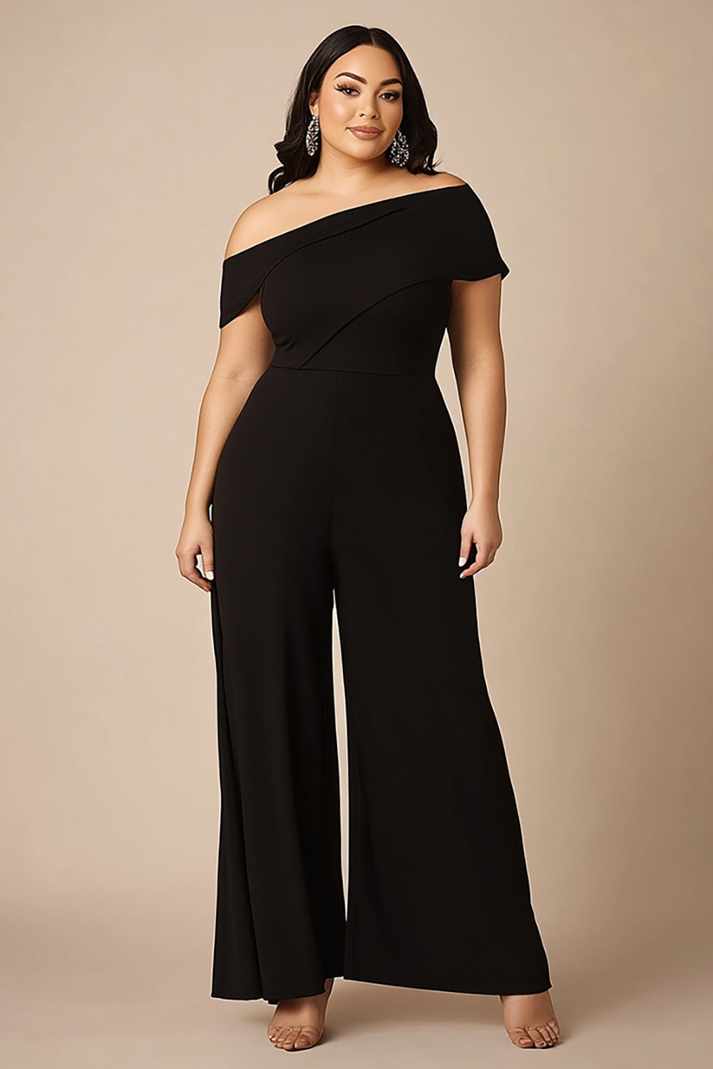 Black Plus Size Off the Shoulder Chiffon Mother of the Bride Jumpsuit