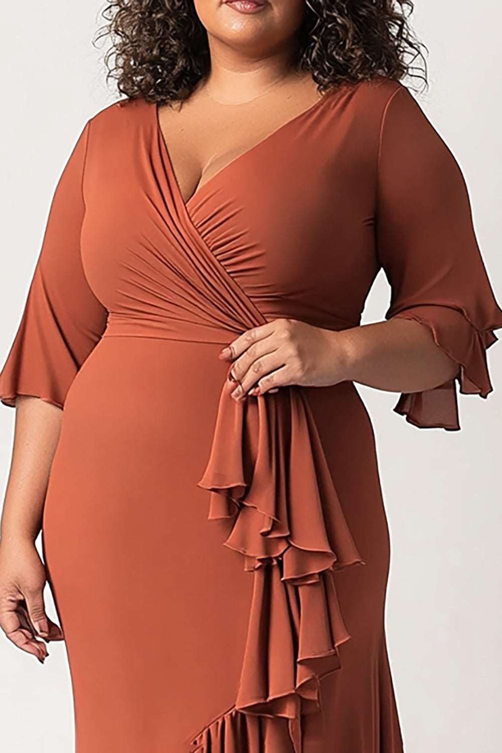 Terracotta Ruffled Half Sleeves Sheath Plus Size Mother of the Bride Dress
