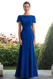 Royal Blue Short Sleeves Sheath Satin Long Mother of the Bride Dress