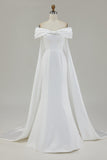 Ivory Satin Mermaid Watteau Train Long Wedding Dress with Bow