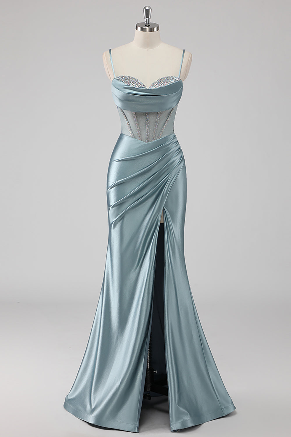 Sparkly Grey Blue Mermaid Corset Beaded Maxi Prom Dress with Slit