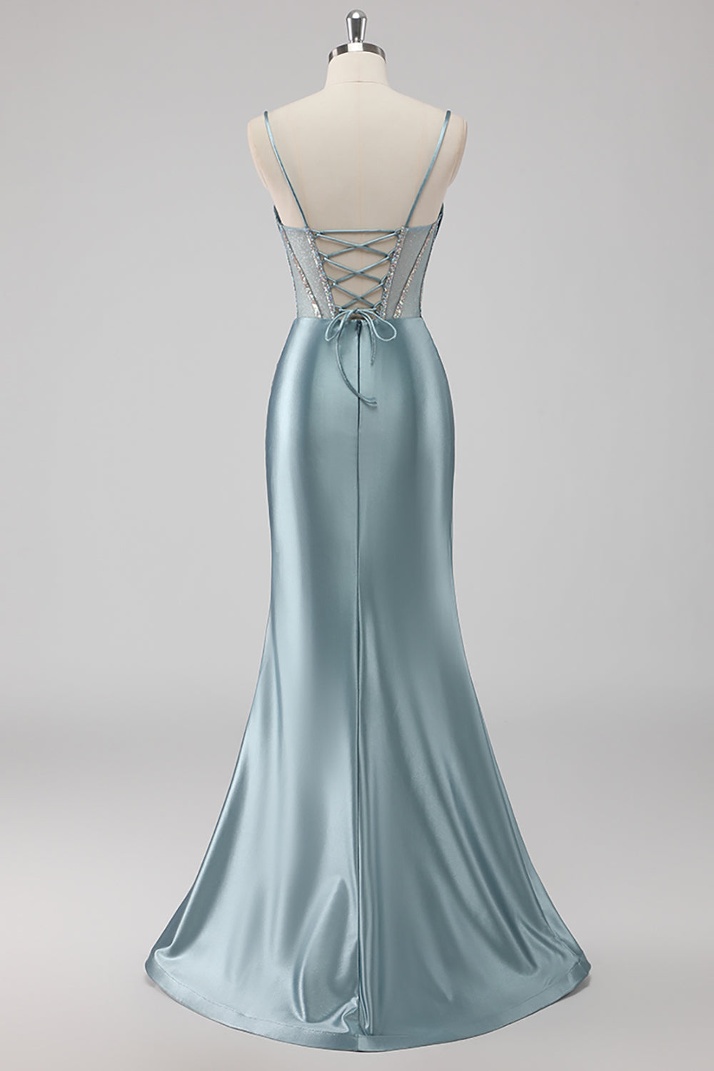 Sparkly Grey Blue Mermaid Corset Beaded Maxi Prom Dress with Slit