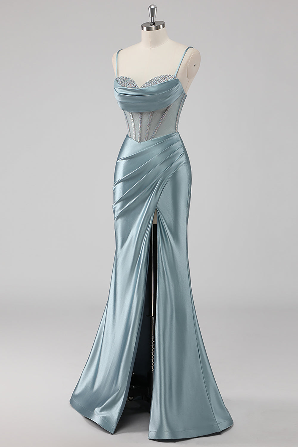Sparkly Grey Blue Mermaid Corset Beaded Maxi Prom Dress with Slit