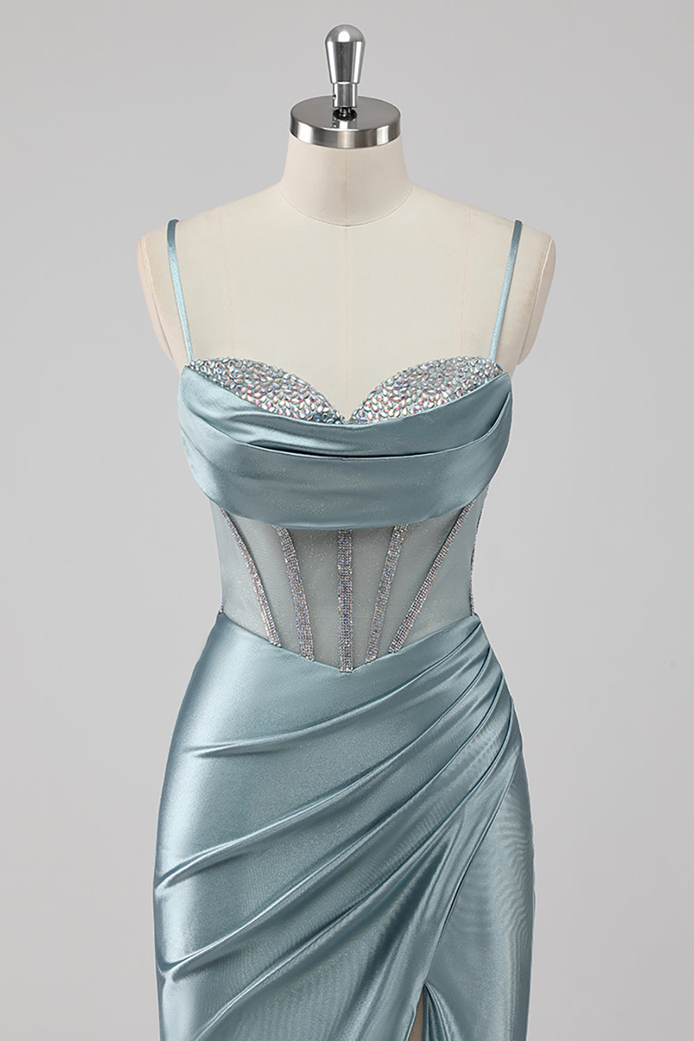 Sparkly Grey Blue Mermaid Corset Beaded Maxi Prom Dress with Slit