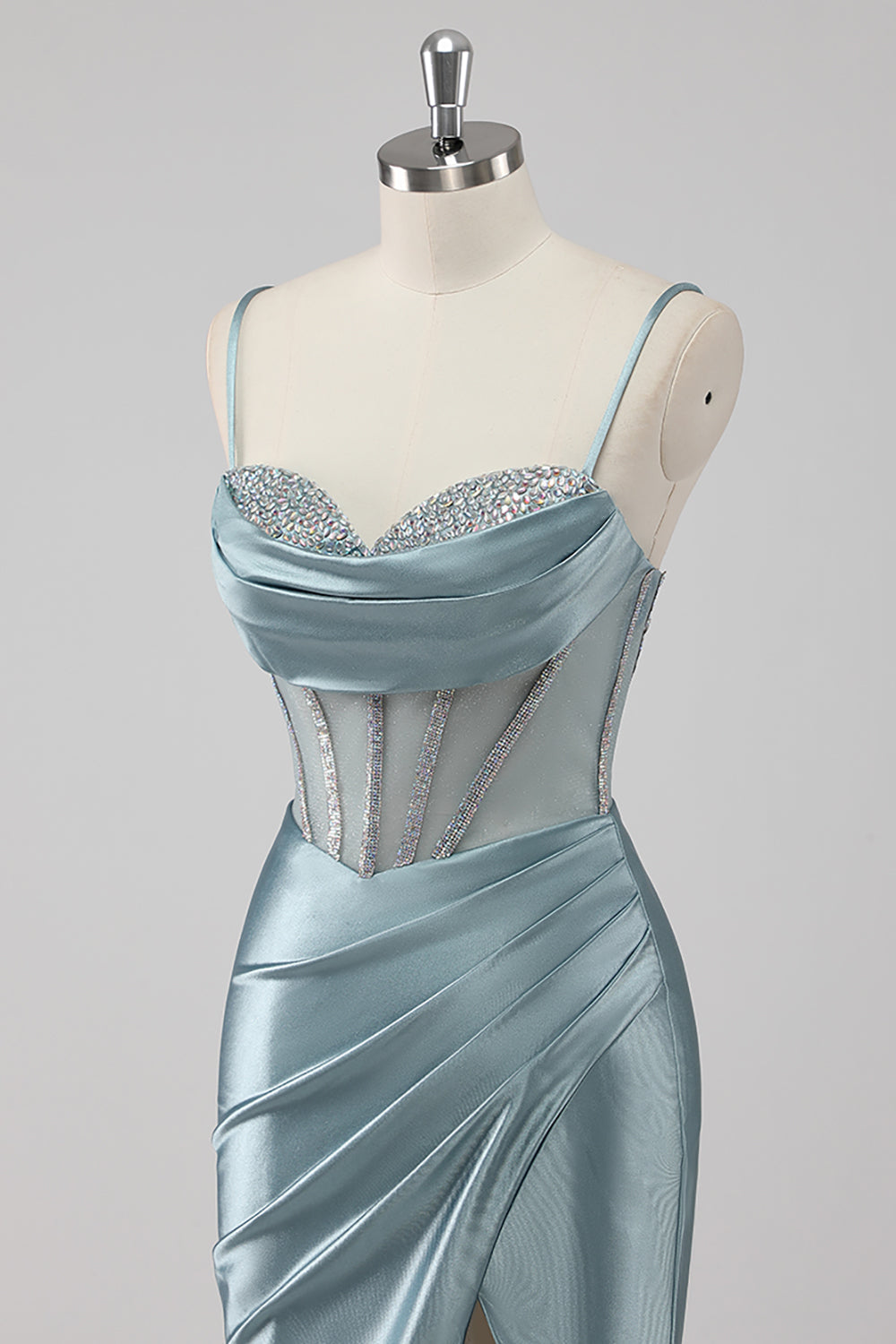 Sparkly Grey Blue Mermaid Corset Beaded Maxi Prom Dress with Slit