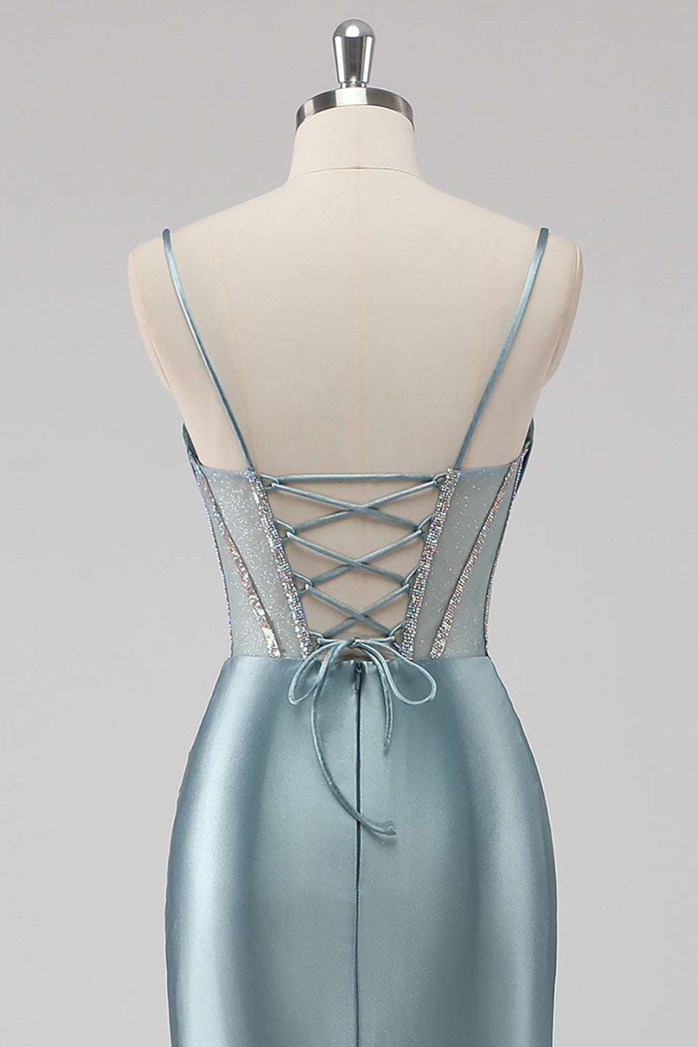 Sparkly Grey Blue Mermaid Corset Beaded Maxi Prom Dress with Slit