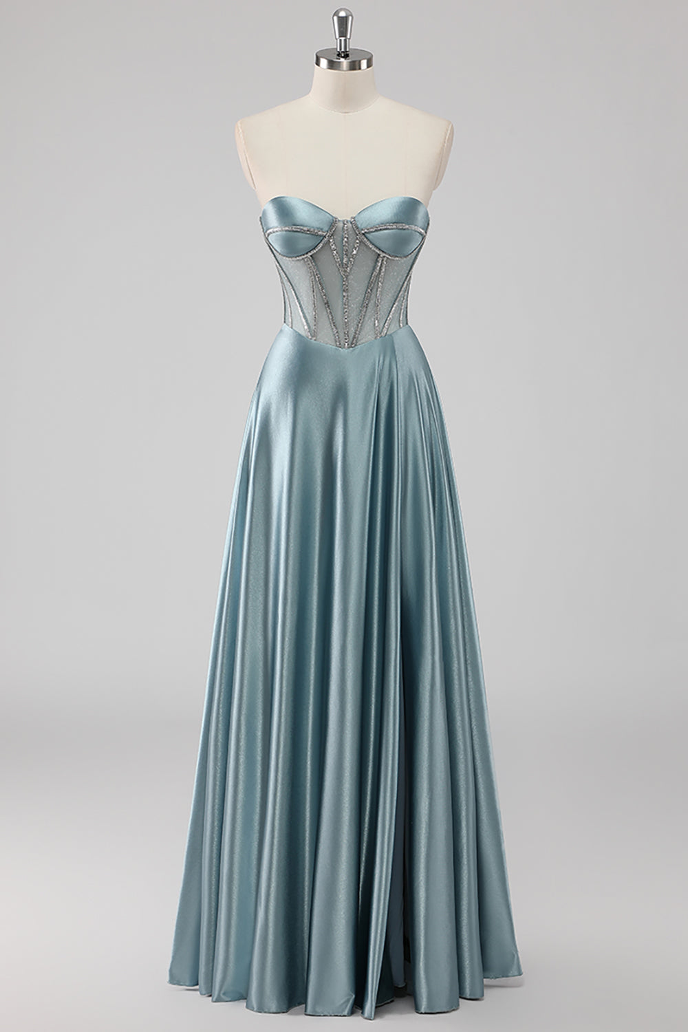 Sparkly Grey Blue Strapless Corset Satin Maxi Prom Dress with Beading