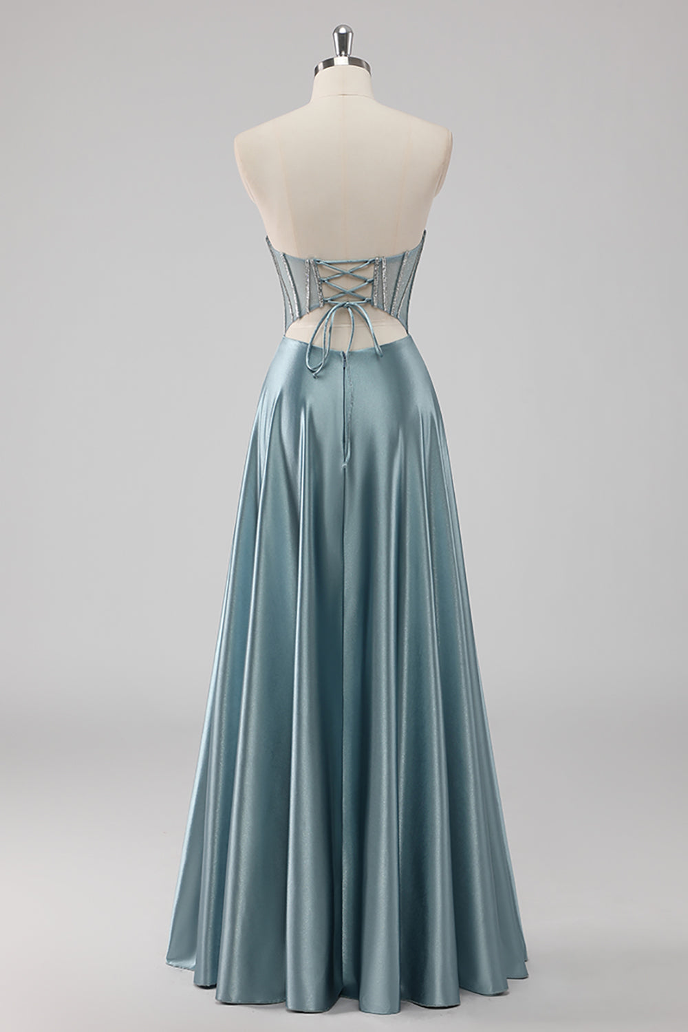 Sparkly Grey Blue Strapless Corset Satin Maxi Prom Dress with Beading
